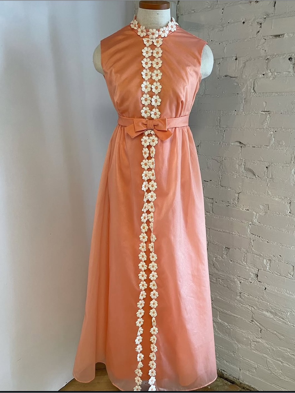 1970s Sleeveless Apricot Floral-Trim Maxi Dress